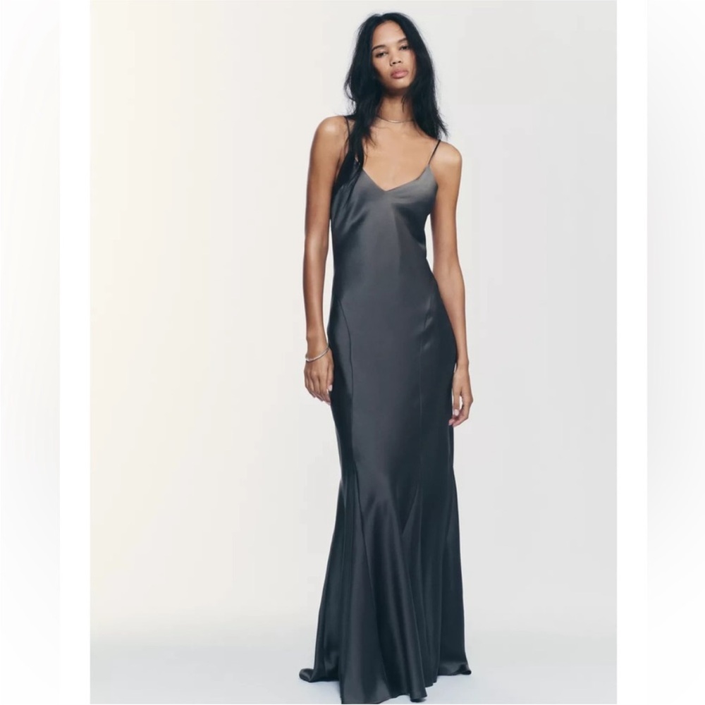 Zara Grey Satin Maxi Slip Dress